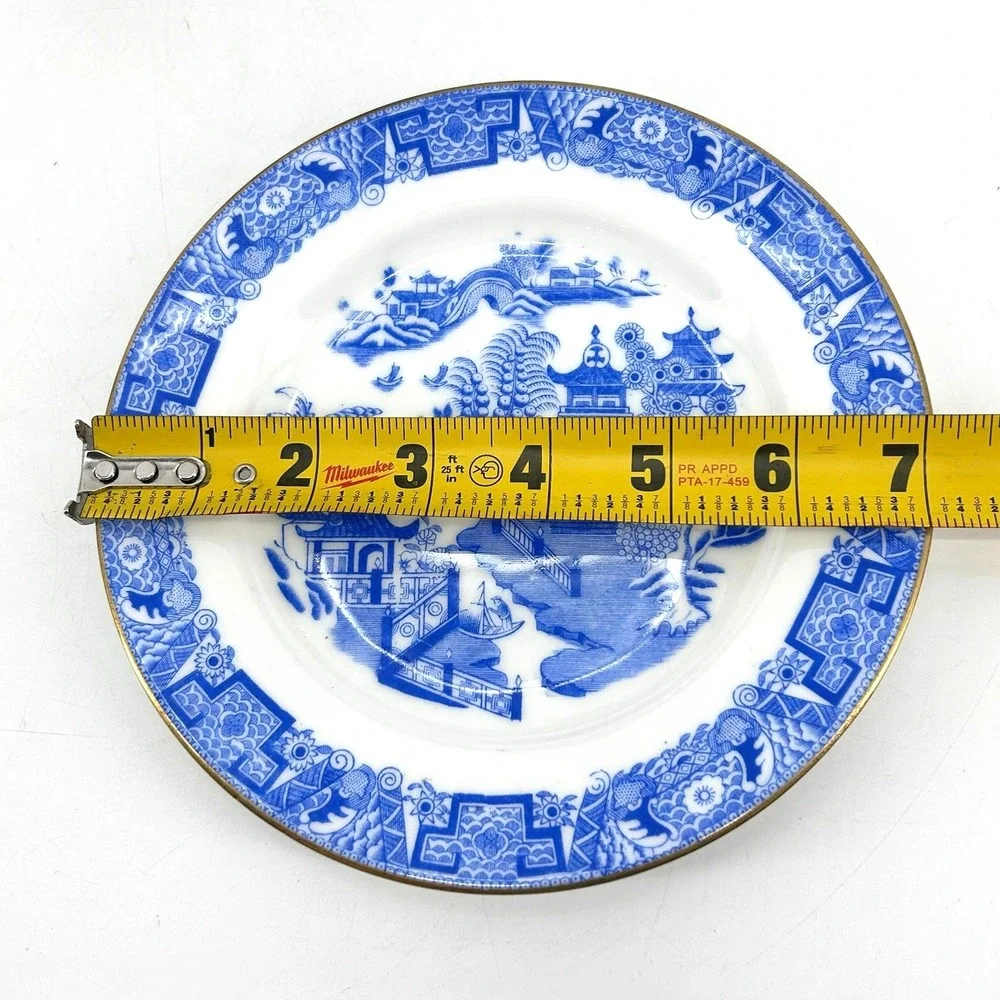 Royal Worcester Blue Willow Dessert Plate English China Pagoda Gold Rim 7